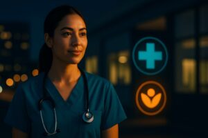 Professional healthcare worker looking alert and healthy during night shift with health symbols and cityscape background