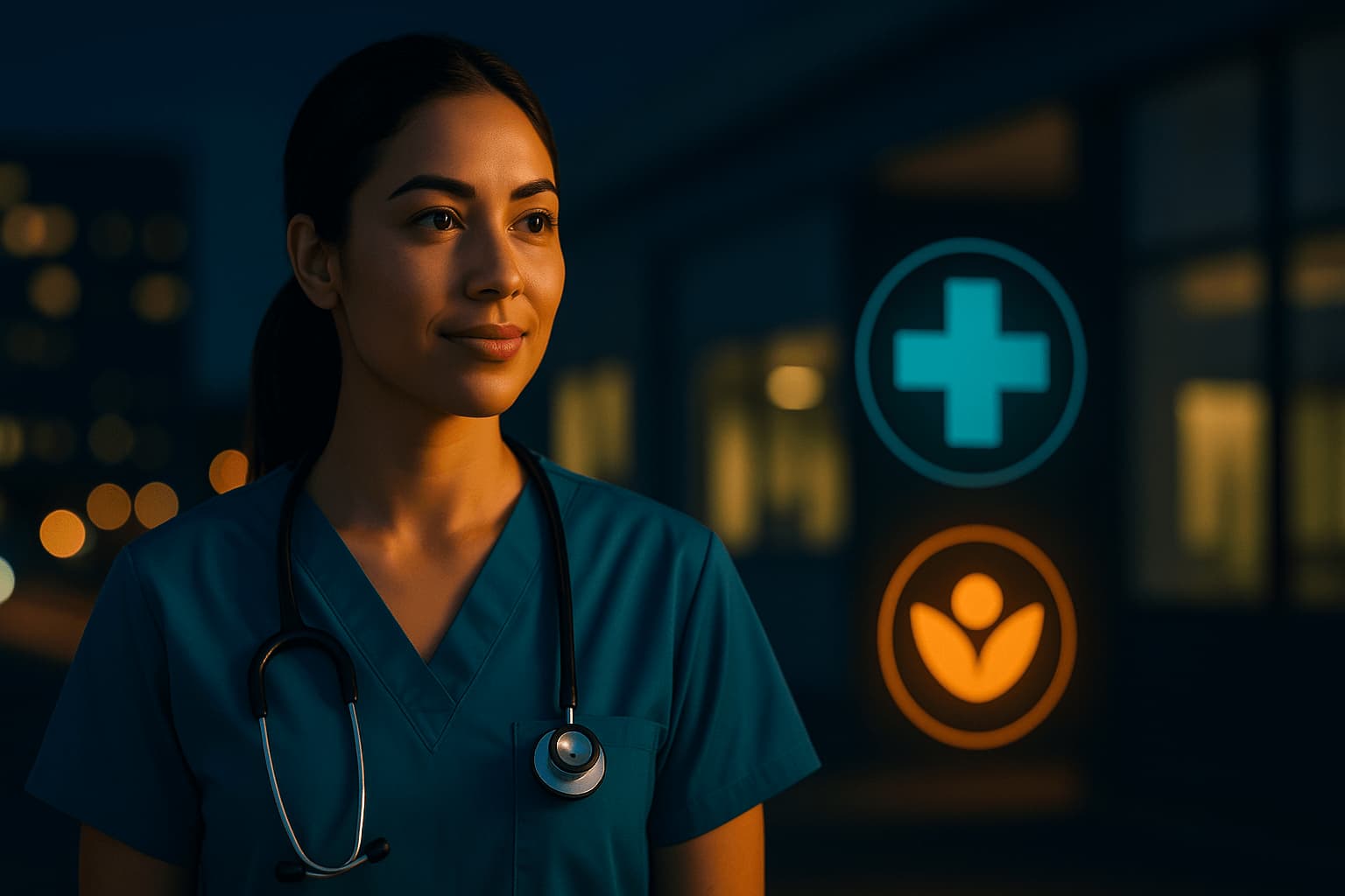 Professional healthcare worker looking alert and healthy during night shift with health symbols and cityscape background